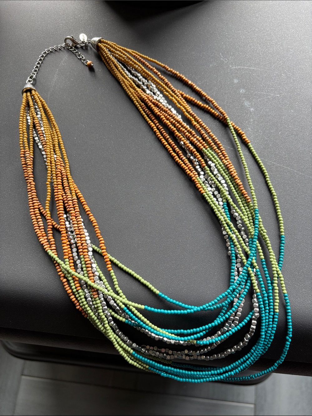 Multistrand Seed Bead Necklace in Silver, Teal, Green & Amber.